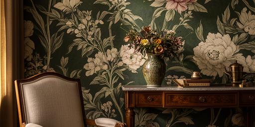 クラシックな家具の背面に見える深緑と生成りの花柄壁紙