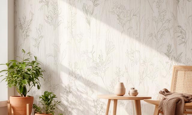 淡い木目と植物線画を組み合わせた北欧ナチュラル壁紙の施工例