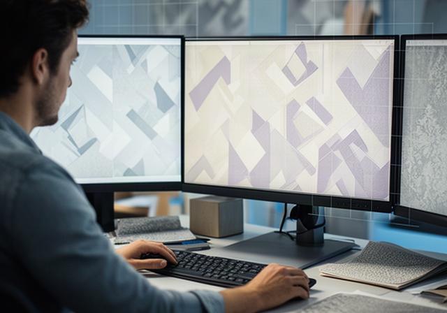 モニターに壁紙模様の解析結果を表示するデザイン作業室