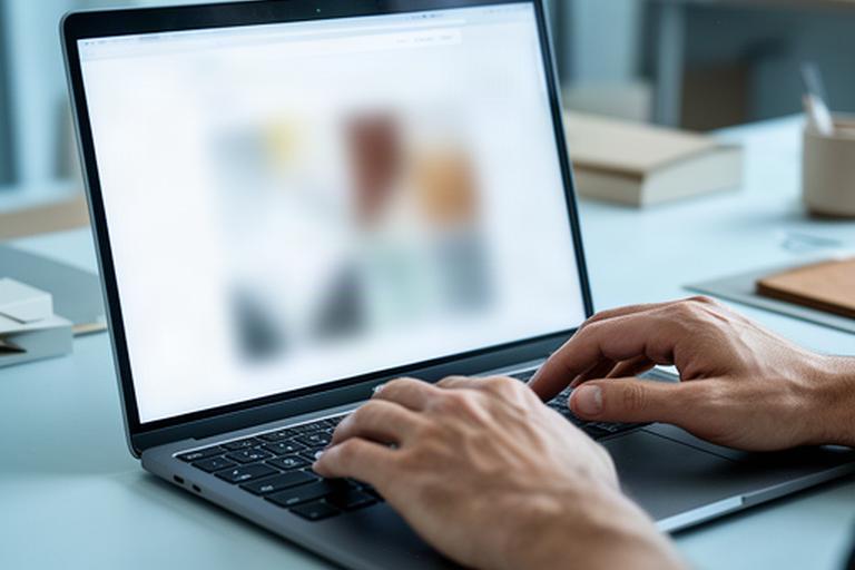 ノートパソコンで壁紙デザインのウェブサイトを確認する手元